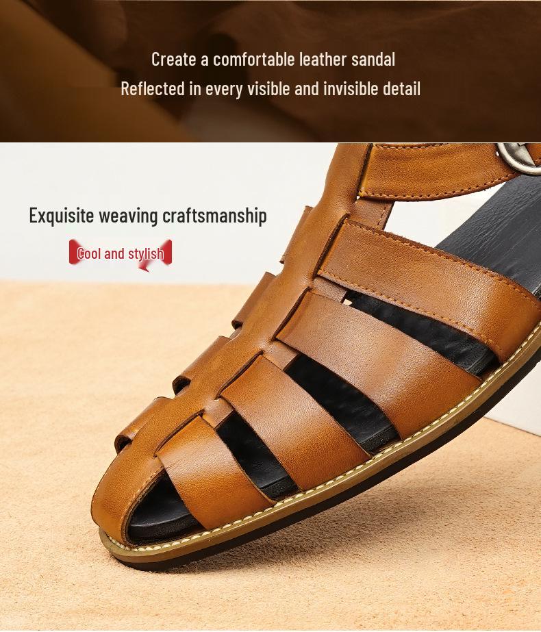 2025 New European and American Men's Genuine Leather Casual Flat Cowhide Sandals, Large Size