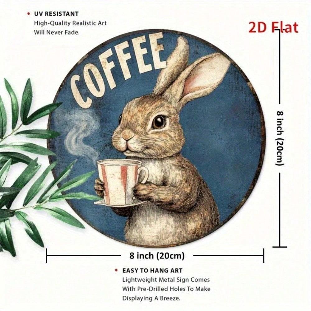 Vintage Kaninchen Kaffee Metallblechschild, 8x8 Zoll Rundes Wanddekor für Bar Café, Haustier Tier Kunstdruck