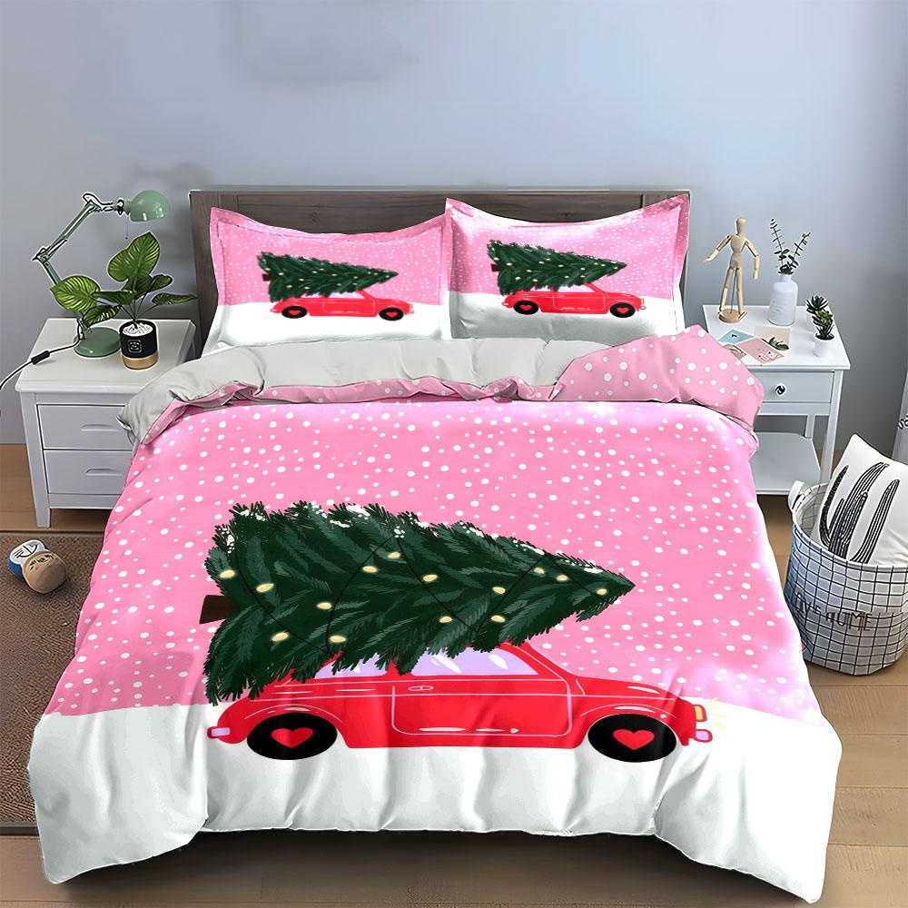 Red Car with Christmas Tree Bedding Duvet Cover Set (1*Duvet Cover 2*Pillowcases, without duvet insert)