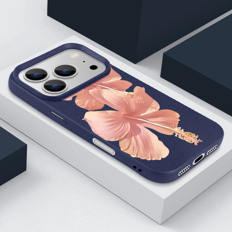 Pouzdro Pro iPhone 17 Pro Max Růžový vzor ibišku Kožená textura Silikonový kryt Pro iPhone 16 Pro Max 15 14 13 12 11 Air 16E