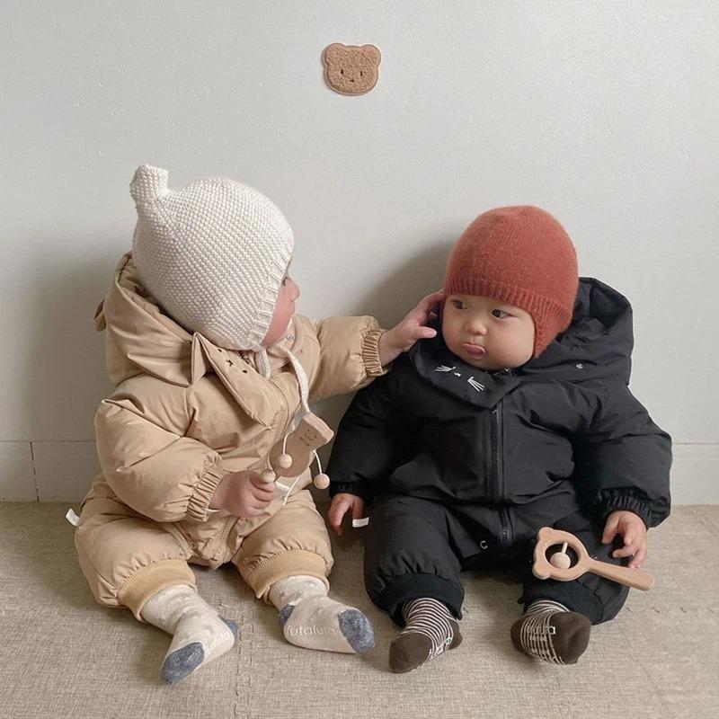 Baby Boy Girl Jumpsuit Winter Cute Cartoon Hooded Bodysuits Infants Solid Thick Warm Kids Clothes Girls Costumes