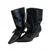 2025 spring new square head lace-up retro Martin boots design pleated pile boots slope heel wide tube boots women