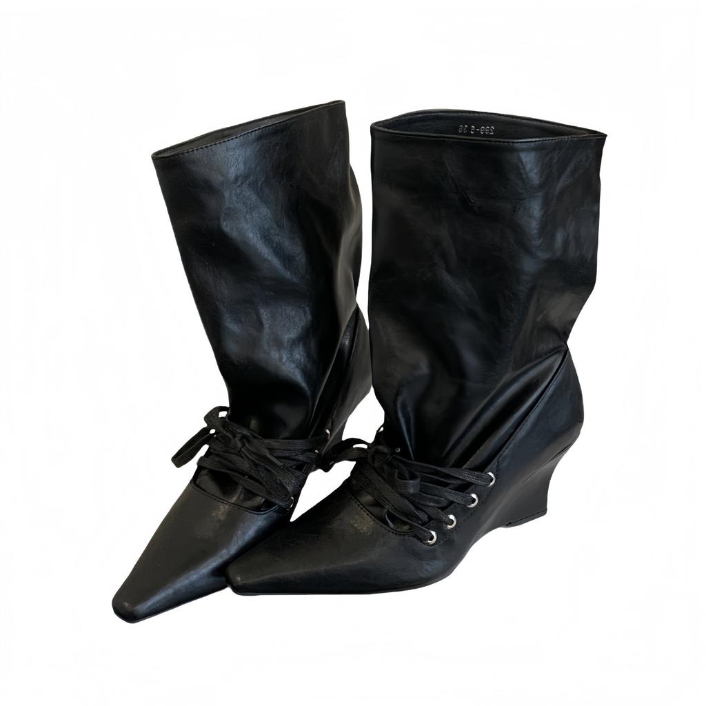 2025 spring new square head lace-up retro Martin boots design pleated pile boots slope heel wide tube boots women
