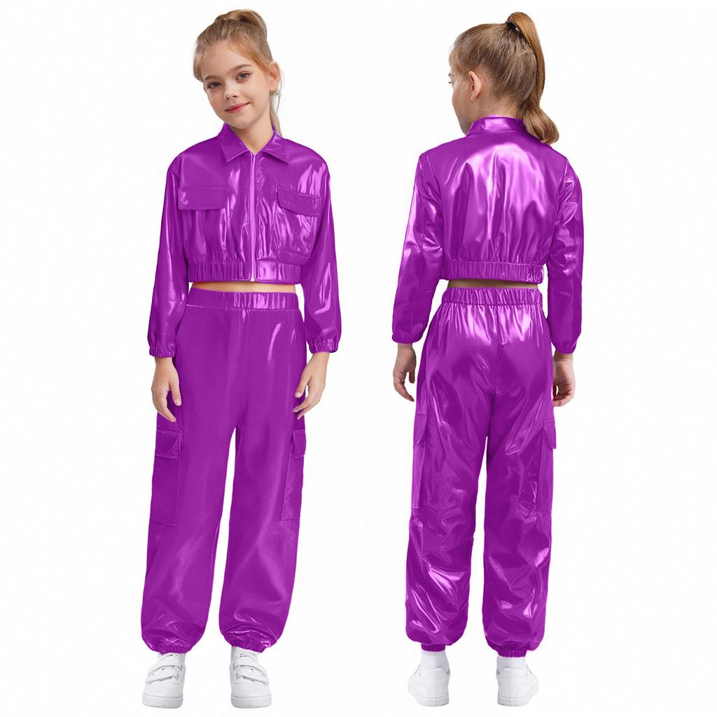 Unisex Kinder Hip Hop Tanzkostüm Metallic-Jacke mit Langarm-Umlegekragen und glänzendem Hosenset