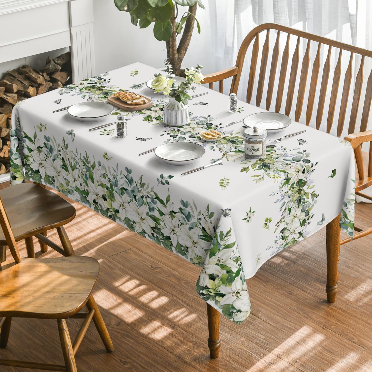 Nappe Florale Feuillage d'Eucalyptus Printemps Été pour Décoration de Table Lys Blancs Impression Papillon Nappe Décorations de Mariage 100x160cm