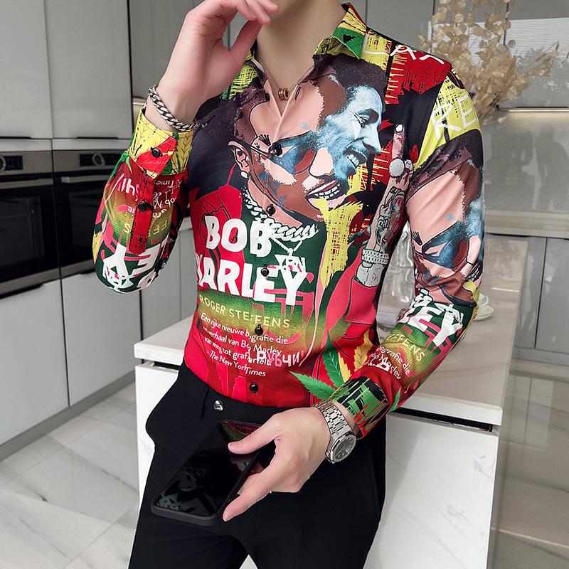 Europejski i Amerykański Styl Męska Koszula z Długim Rękawem z Nadrukiem 2818