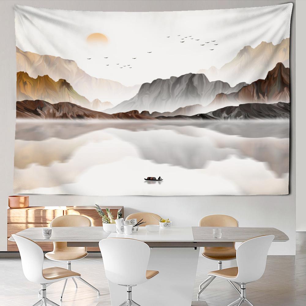 

Ink Painting Tapestry Wall Hanging Mountain Lake Landscape Pattern Tapestry Office Bedroom Home Dormitory Artist Residence Decor 74x94cm(29x37in)