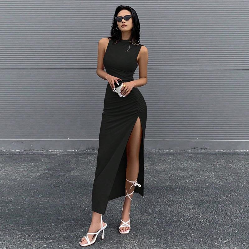 Round Neck Sleeveless Slit Dress Summer New Pure Lust Style Hip-hugging Mid-length Skirt for Women