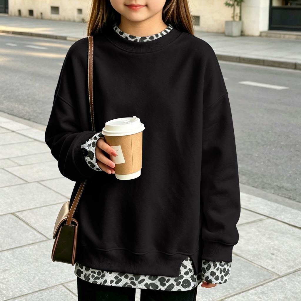 Big Girls Casual Printed Two-Piece Look Pullover Top with Neck and Loose Fit for Everyday Wear