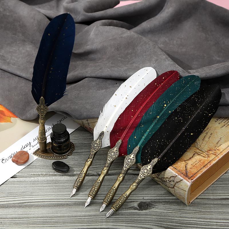 Pióro kaligraficzne z piórkiem i zestawem 2 stalówek, pióro wieczne z gęsim piórem, pudełko prezentowe