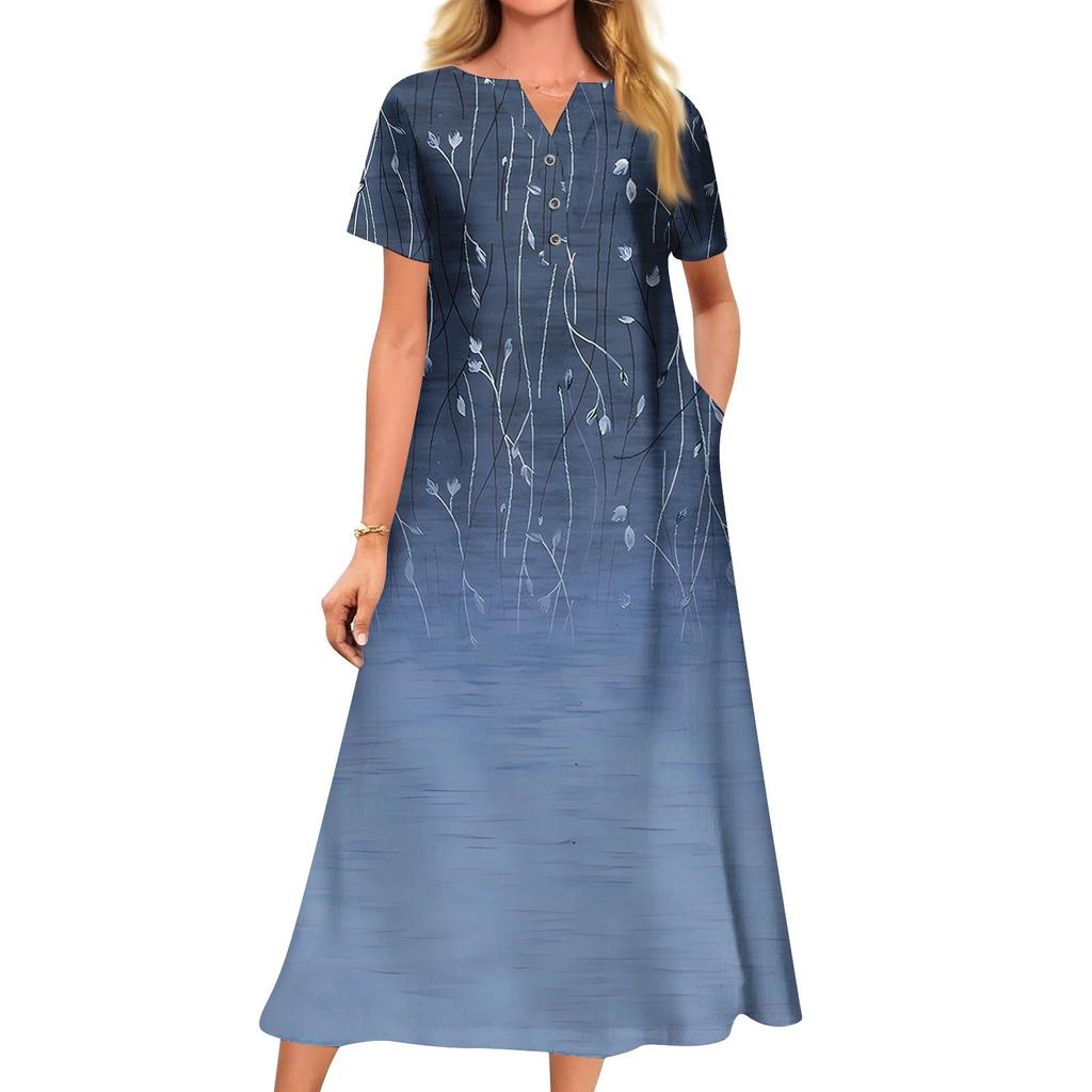 Women's Summer Casual Printed V-Neck Short-Sleeve Swing Dress