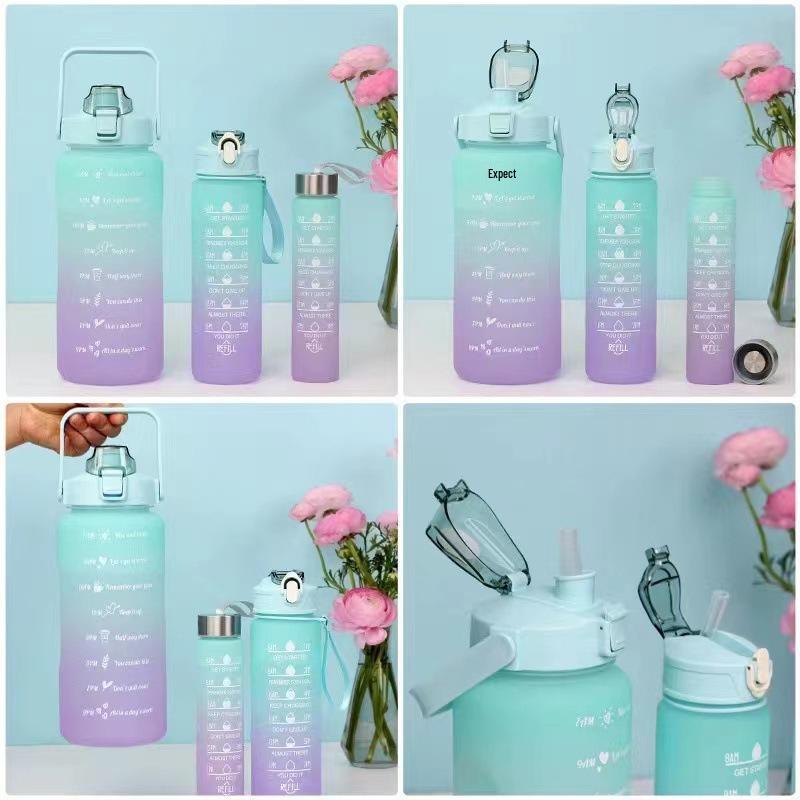 Gradient Color Large-Capacity Frosted Sports Water Bottle with Straw - 3-Piece Set