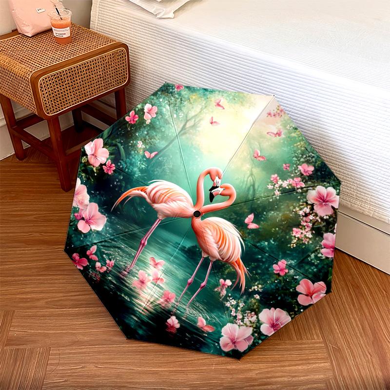 1 PC Automatic Folding Umbrella - Flamingos Pattern, Portable & Foldable Design with 8 Ribs, Christmas Birthday Gifts