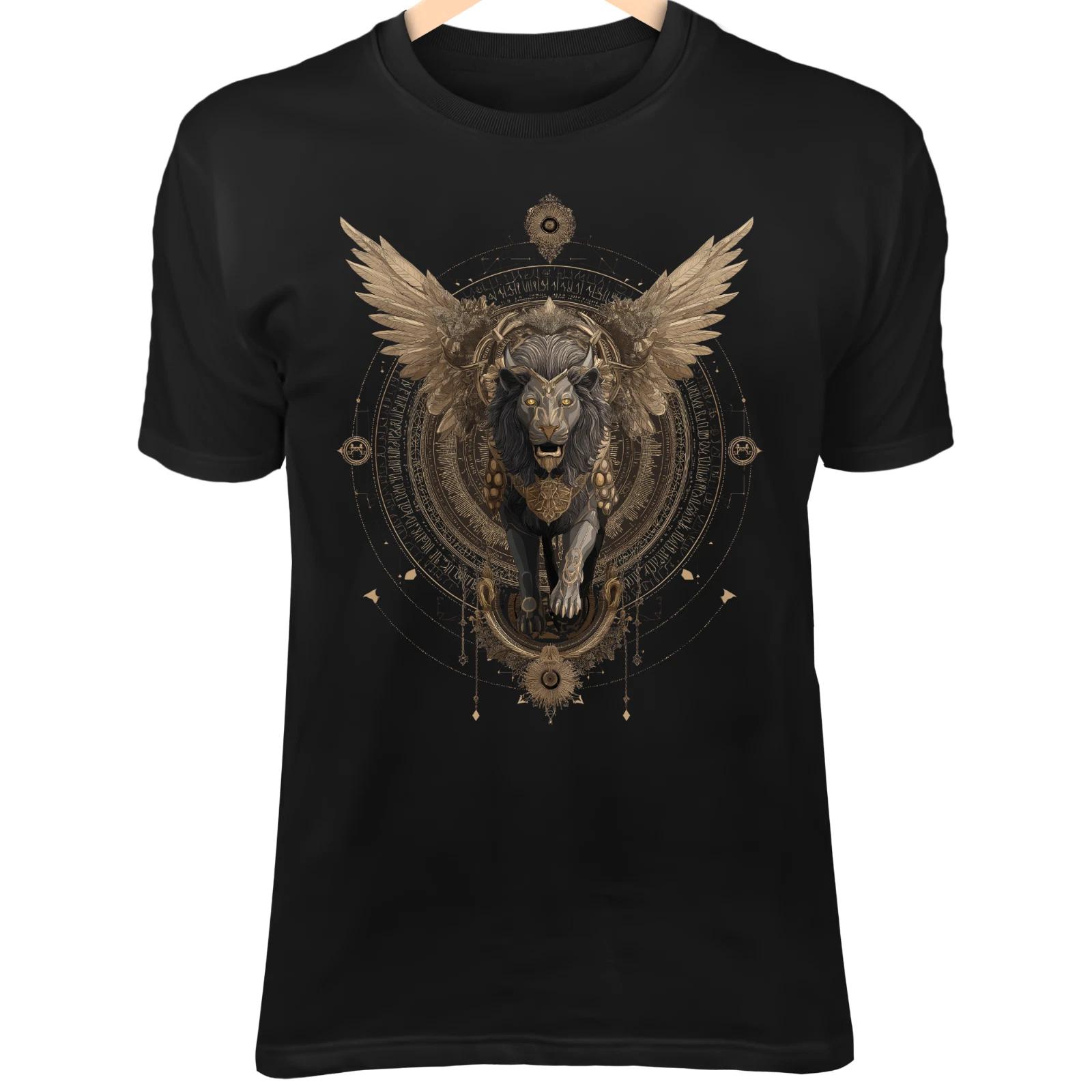 Sacred Lion T-Shirt – Gothic Armor Wings, Glowing Eyes, Divine Guardian Art S