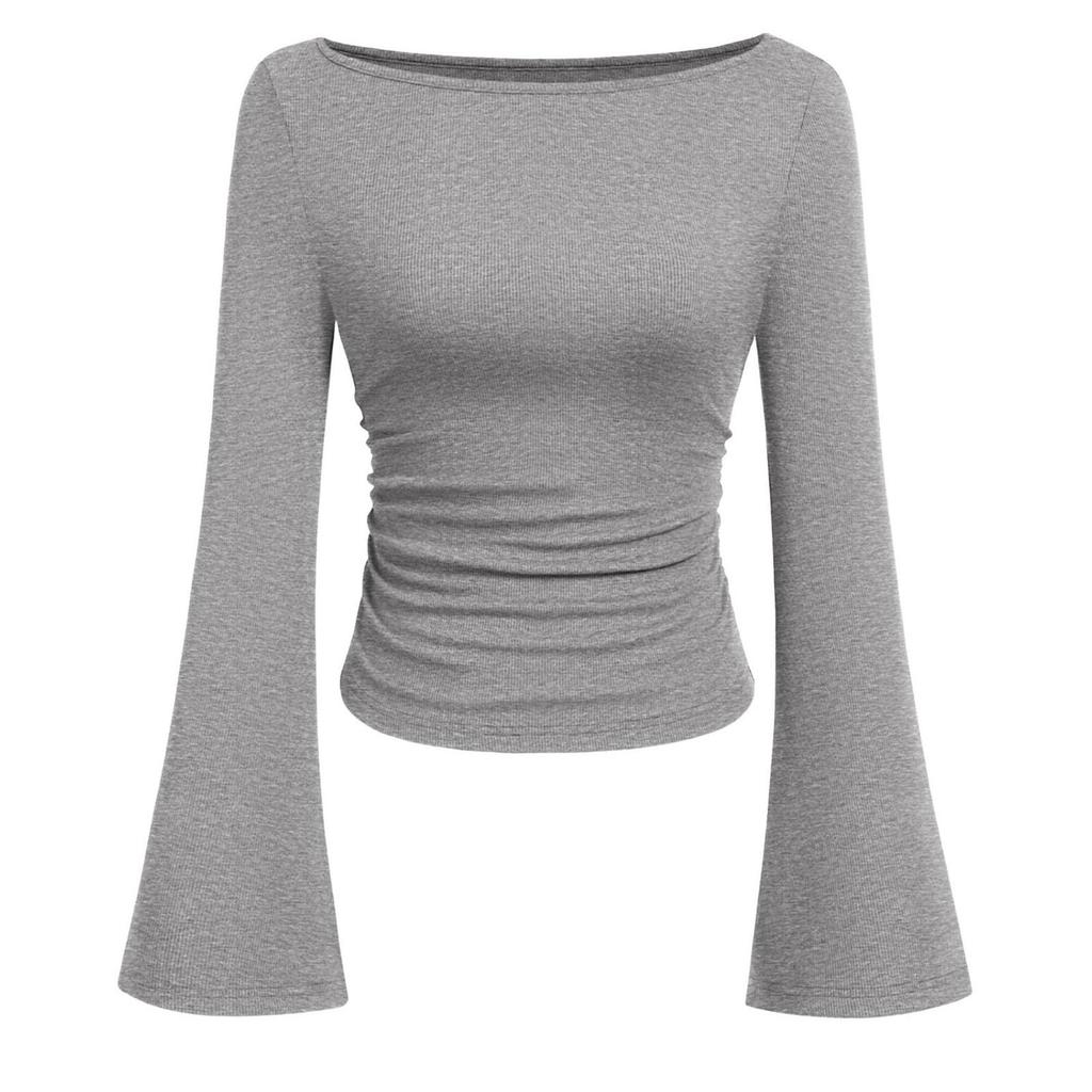 Women' Fashionable Pure-colored Flared-sleeve Long-sleeved Top