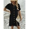 QICED Fashion Summer Spring Solid Color Print Short Sleeve POLO Neck Casual Dresses