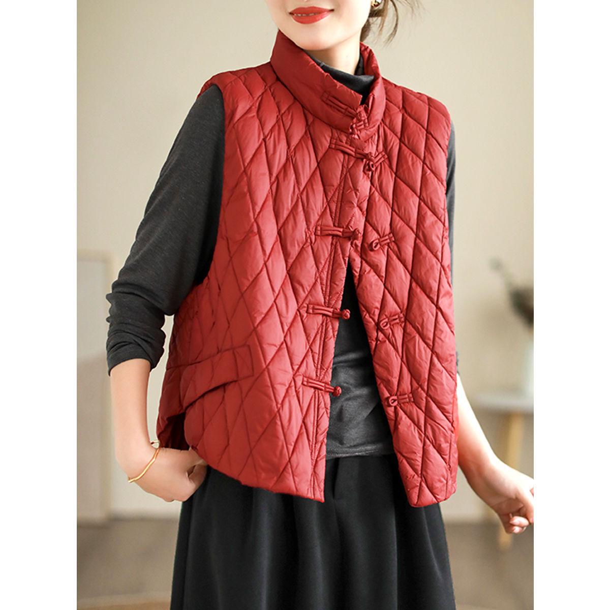 

Женский ретро этнический жилет на хлопковой подкладке с пуговицами-лягушками - Теплый, универсальный, без рукавов 3XL красный