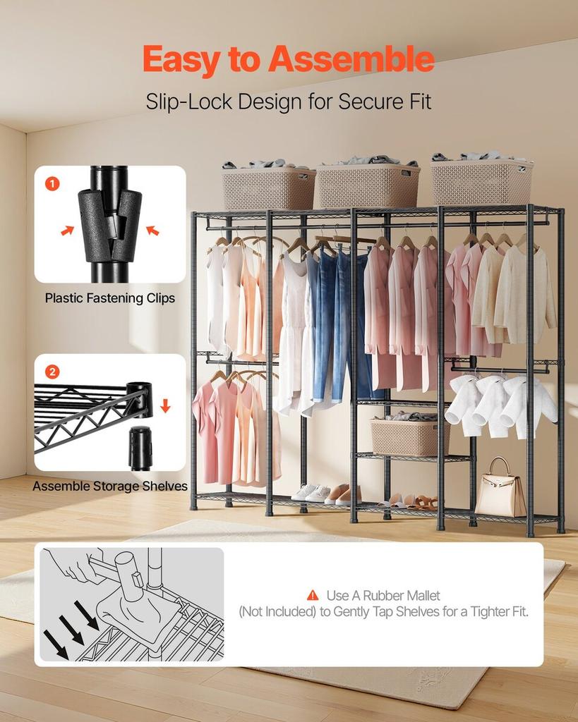 Clothing Garment Rack, Heavy Duty Closet Wardrobe, Adjustable Tiers Clothes Racks with Steel Frame, 499 kg Load Capacity Clothes Rack with 4 Hanging