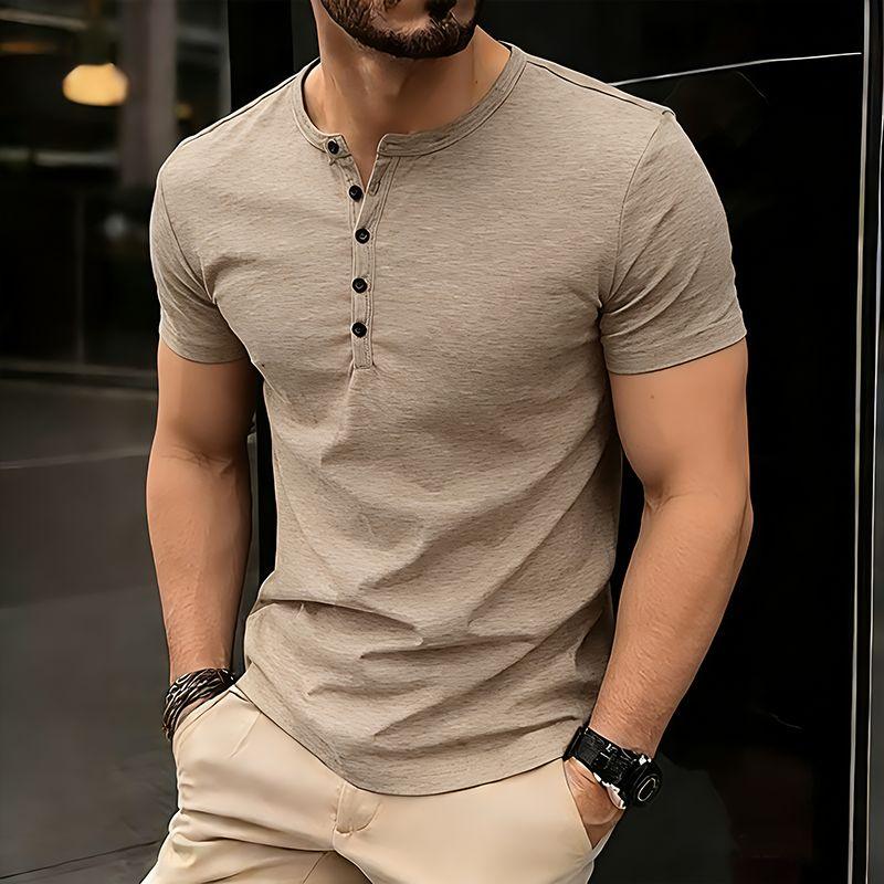 

Men s Summer Solid Color Hip Hop T-Shirt Henry Collar Casual Button Short Sleeve Fashion Streetwear Basic Top Tees XXL хакі