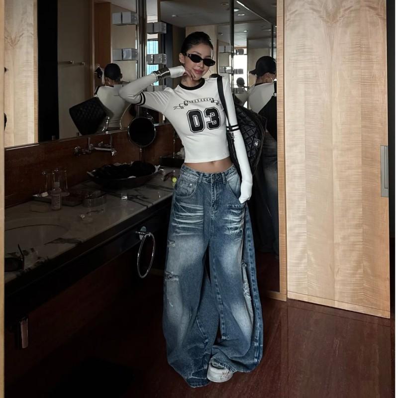 Womens High-Waisted Wide-Leg Straight Fit Distressed Denim Jeans Loose Comfortable Streetwear Style