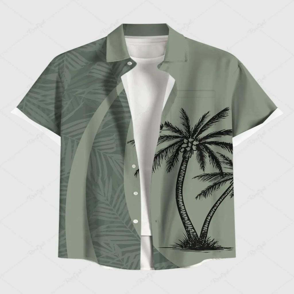 Vacation Style Coconut Tree Printed Short Sleeve Shirt, Loose Lapel Fake Two-Piece Design, Casual Breathable Outfit for Daily Wear and Beach Trips