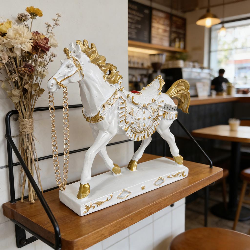 White Gold Horse Resin Statue, Luxury European Style Horse Figurine, Home Living Room Desktop Decor, Feng Shui Ornament Gift