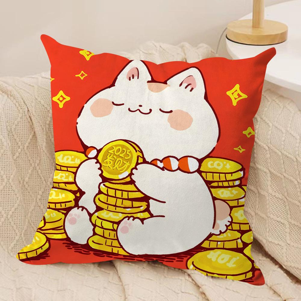 Aneki Neko Rich Luck Money Cat Cushion Cover Silky Short Plush Invisible Zipper Dustproof Sofa Pillow Case For Home Decor