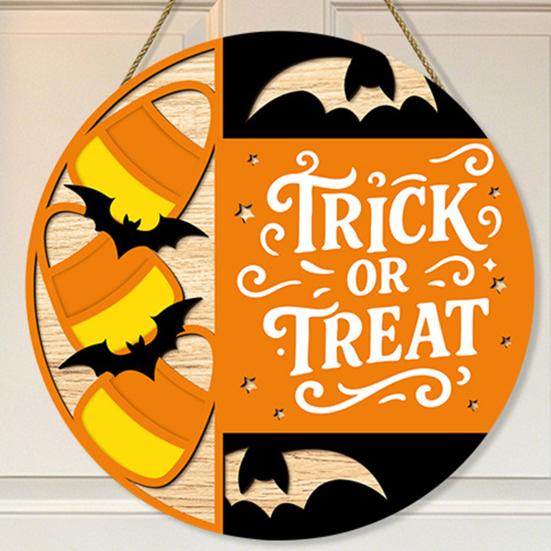 Seasonal Hanging Sign Halloween Trick or Treat Wooden Door Sign, Retro Round Bat Silhouette Atmosphere Prop Plaque for Home Front Wall &