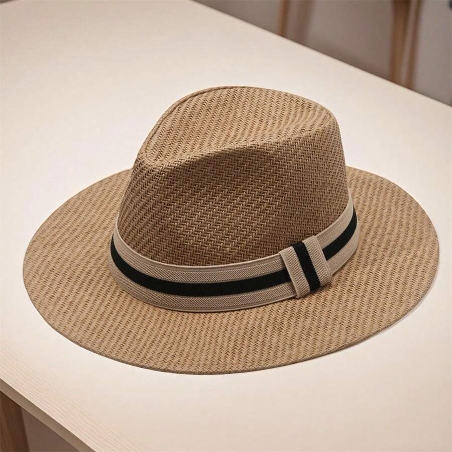 Unisex Straw Fedora Hat With Striped Band Wide Brim Summer Beach Sun Hat