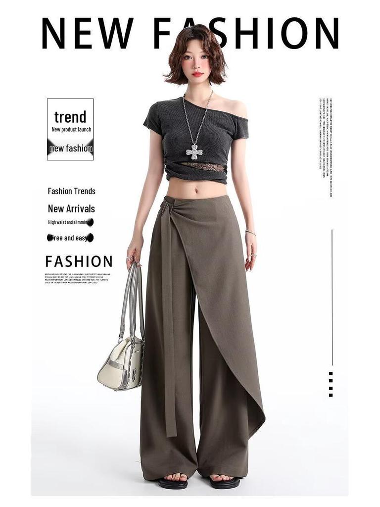 Women's Brown-Gray Wide-Leg Pants with Flowing Ribbons, 2026 New Style, Slimming, Good Drape, Casual Straight-Leg Suit Pants.