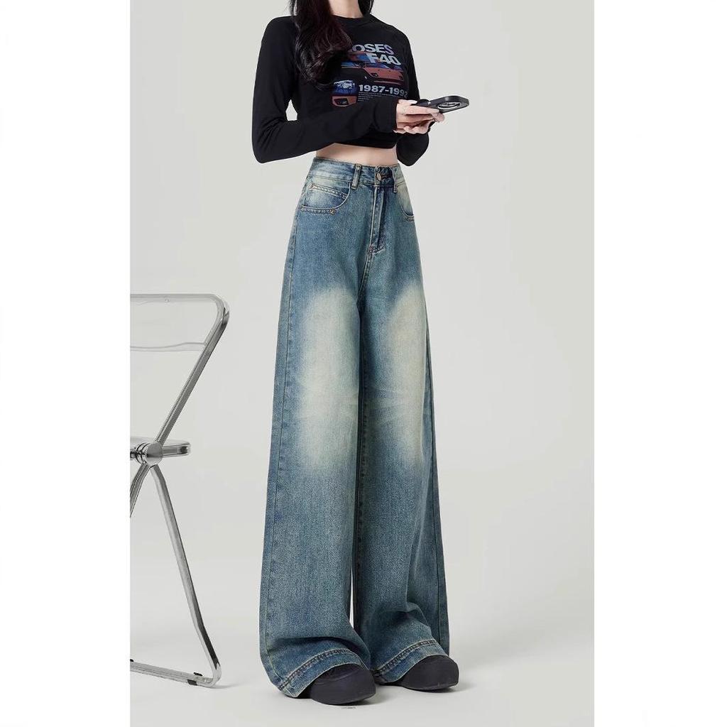 2025 Women's High Waist Retro Washed Wide Leg Jeans - Nostalgic Loose Straight Mop Pants