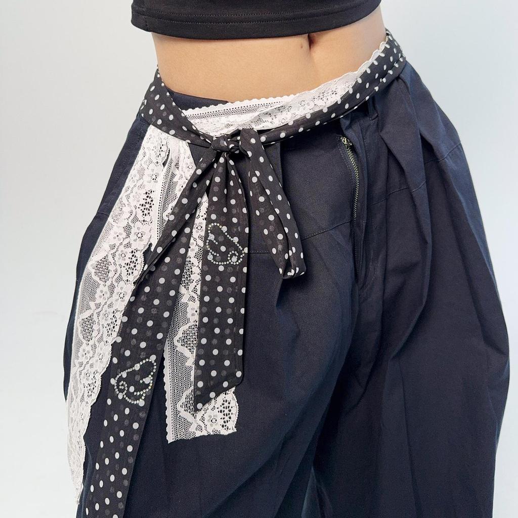 Retro Damstil Prickig Sidenscarf Bälte med Spets Midjekorsett - Perfekt till Jeans eller Kjola