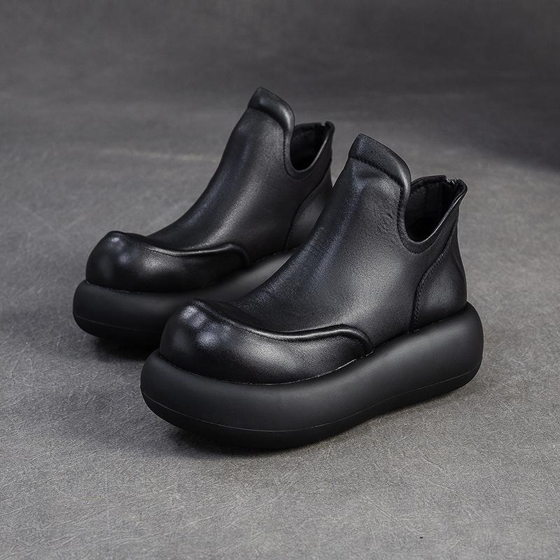 

Johnature Натуральная кожа Толстая подошва Ботильоны Ретро Круглый носок Увеличивающие рост Женские туфли на платформе 40 чёрный