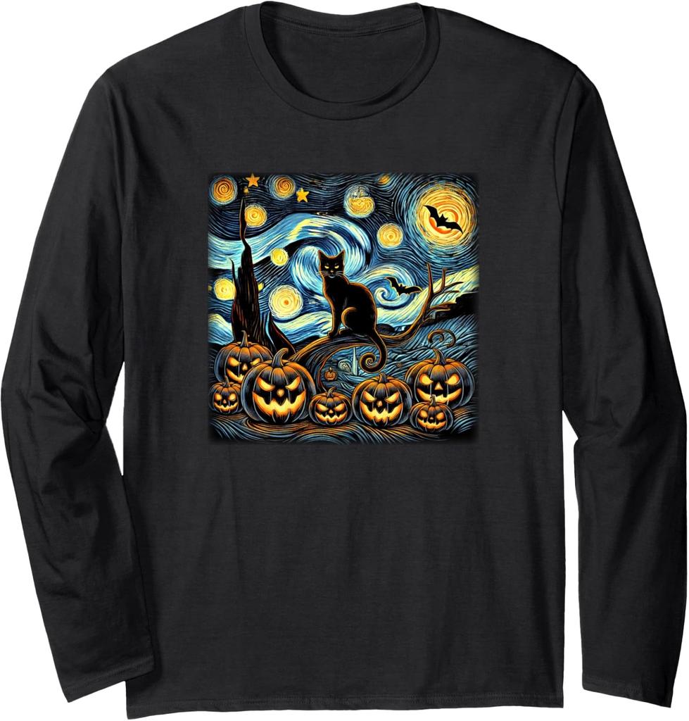 Halloween Starry Night Pumpkin Black Cat Costume Long Sleeve T-Shirt