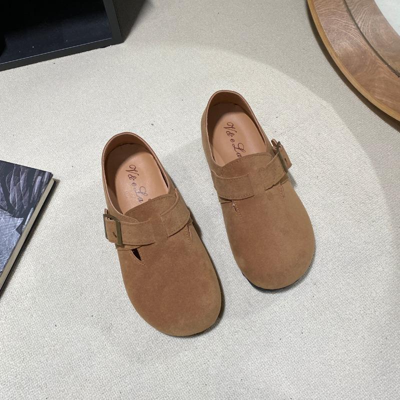 Fashion Spring New Inner Increase Single Shoes Women's Fashion Round Head Suede Metal Buckle Non-slip Wear-resistant Flat Shoes