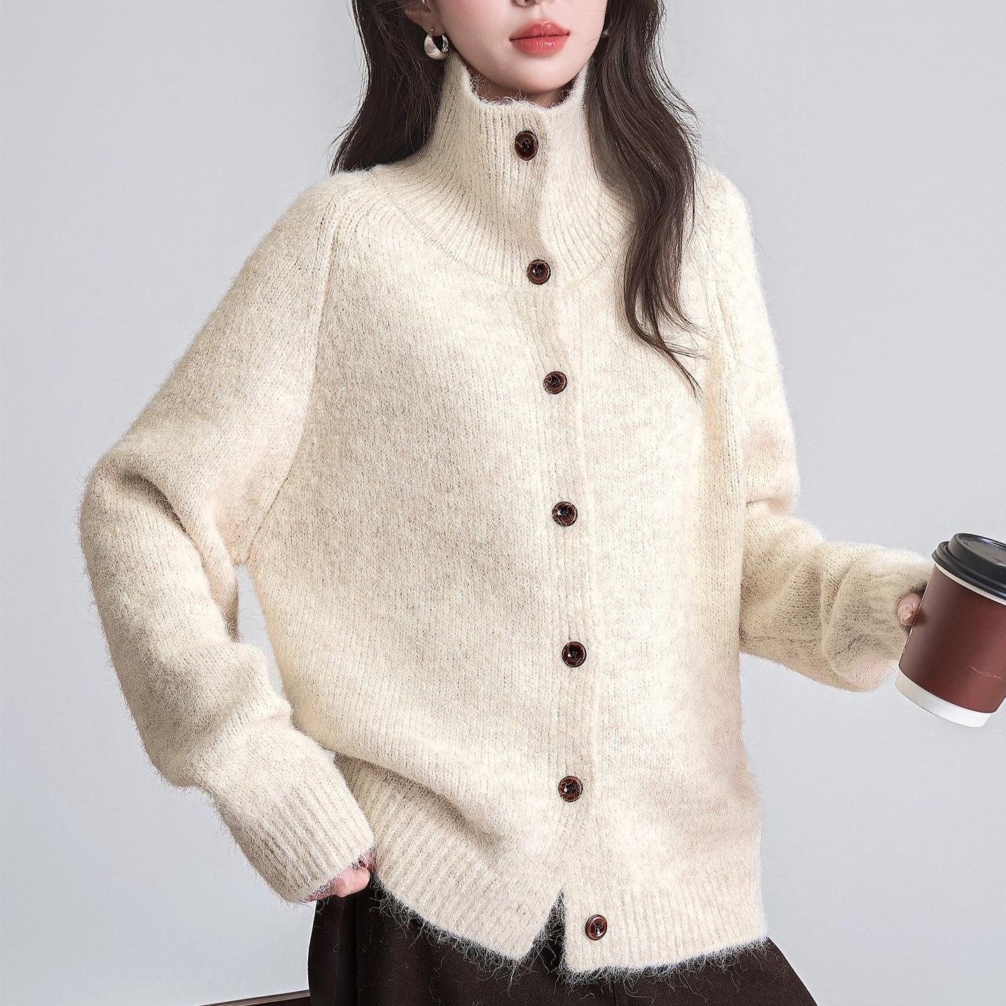 

DIMANAF 2025 Sweaters Buttons Turtleneck Solid Beige Cardigan Autumn Women Knitting Loose One Size бежевый