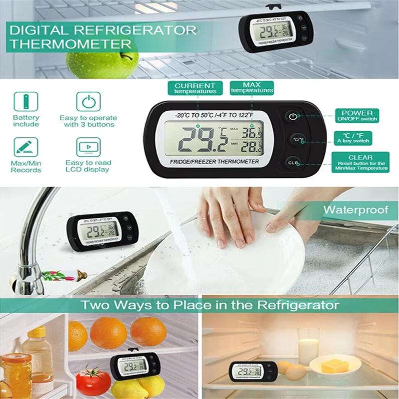 Mini LCD Digital Fridge Thermometer Anti-Humidity with Hook for Household Refrigerator Freezer Food Temp Monitoring Tool