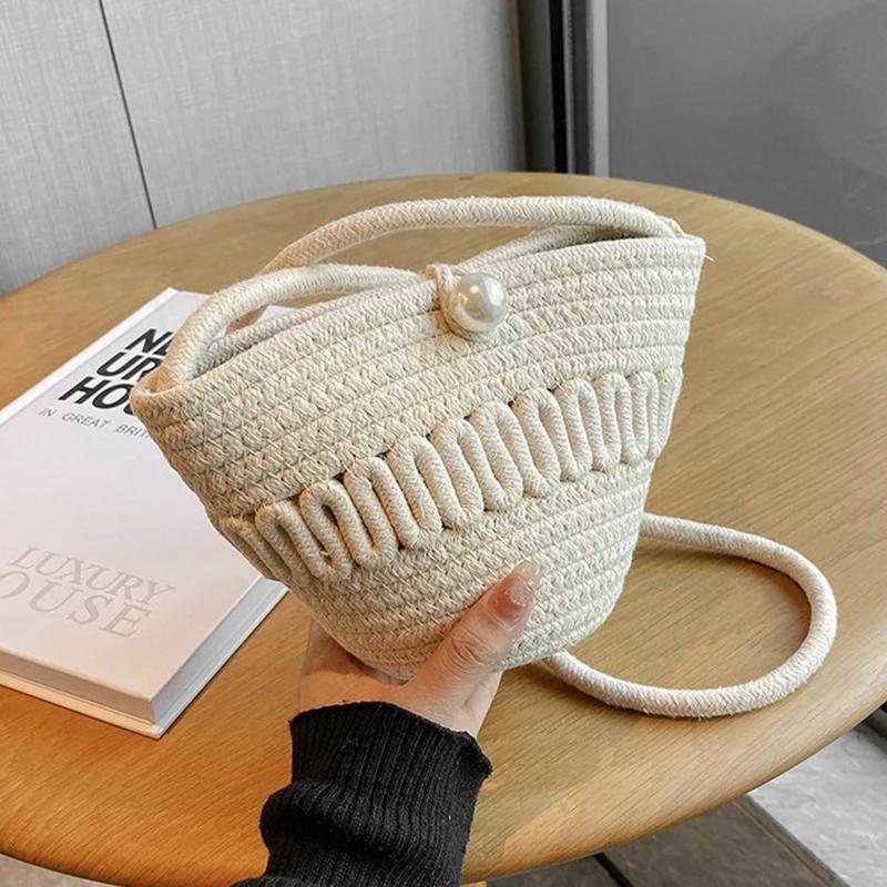 New Casual Cotton Woven Women Handbag Small Weaving Shelll Summer Beach Bag Shopper Tote Ladies Travel Shoulder Crossbody Bags