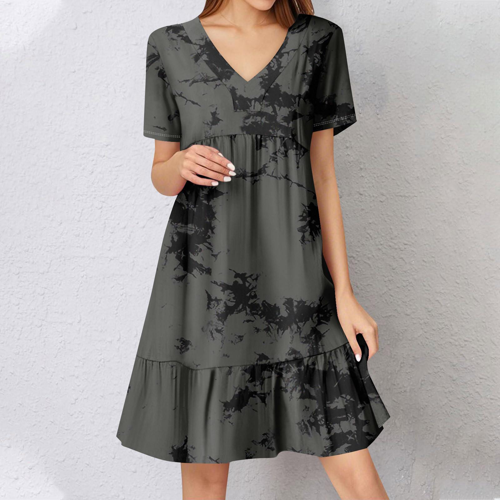 

Женское летнее платье с коротким рукавом и V-образным вырезом, короткие платья, модное повседневное струящееся бохо-платье с оборками, А-силуэт, свободное платье-халат L