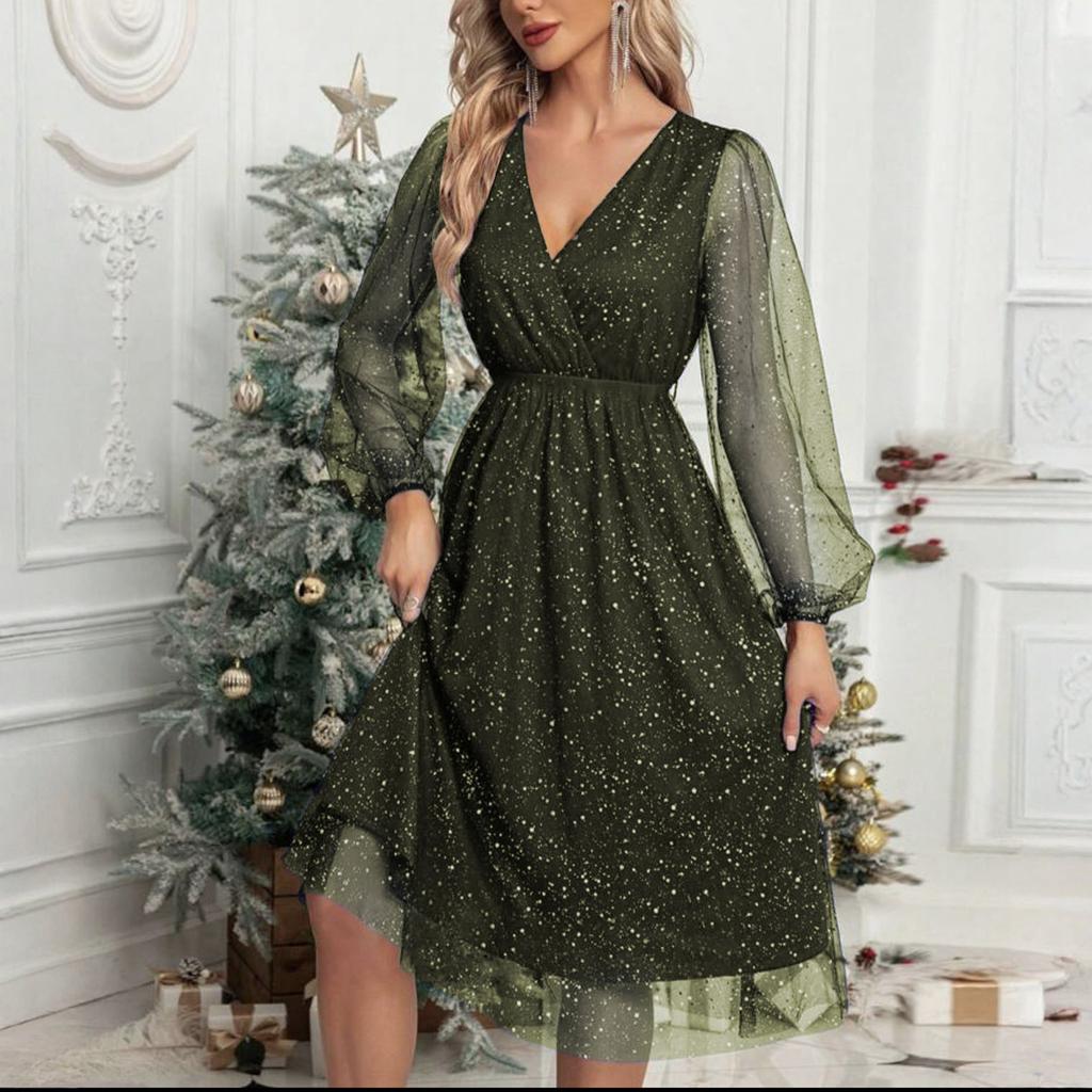 Women's V,Neck Mesh Long Sleeve Stylish Sexy Dress
