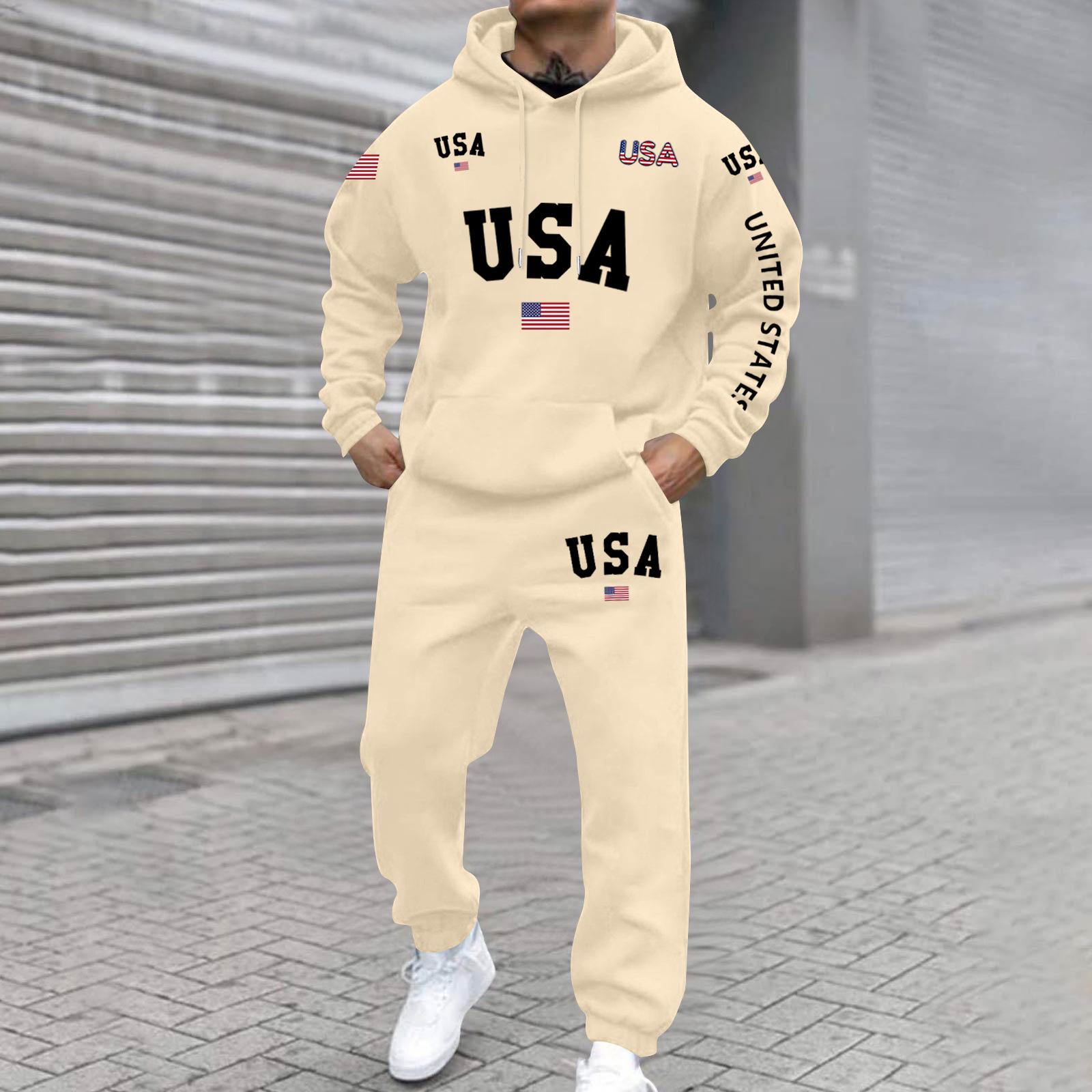 Мужской комплект толстовки большого размера однотонный с принтом Мужской повседневный спортивный костюм Комплект толстовки XXL бежевый