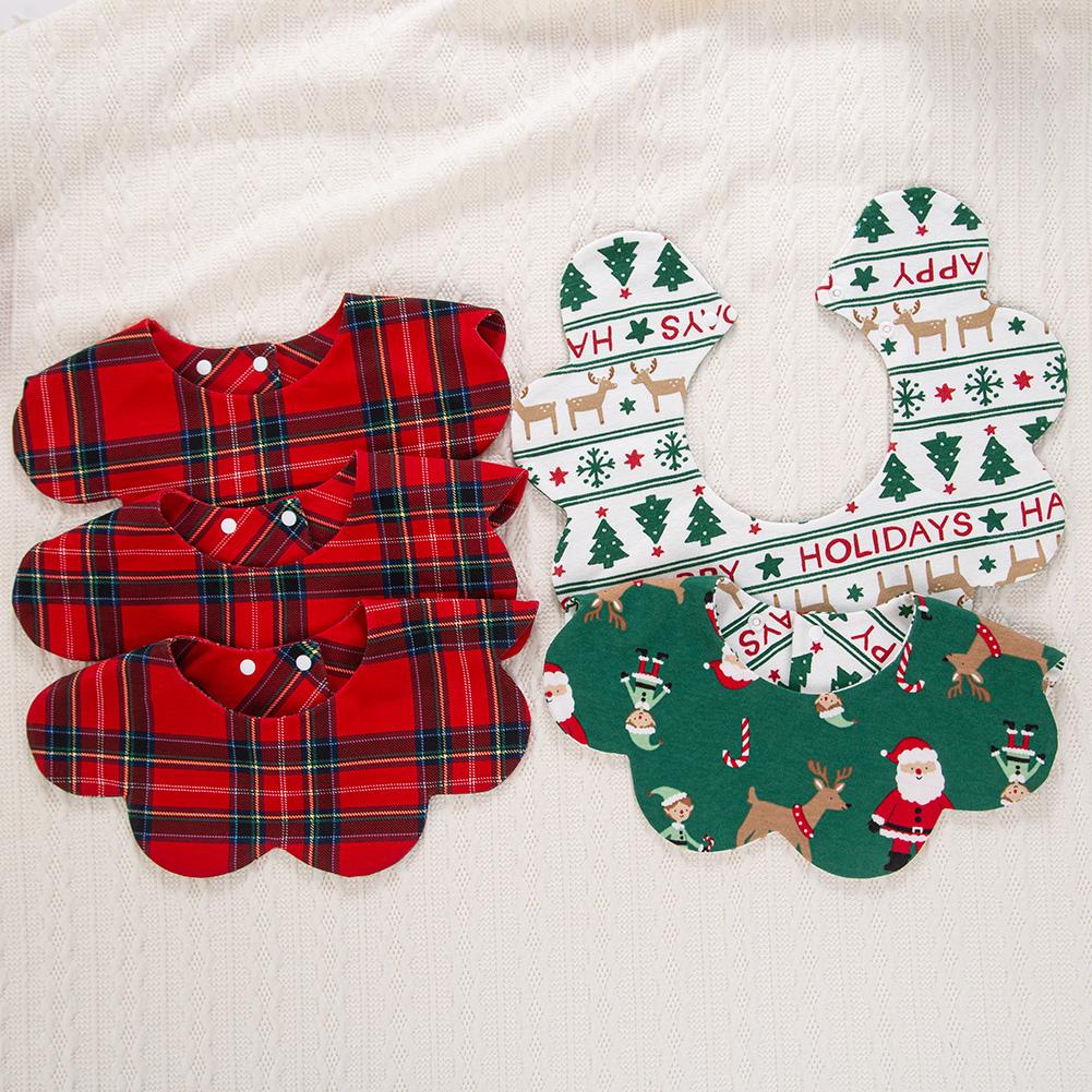 360° Christmas Day Baby Bibs for Infant Boys Girls Plaid Saliva Towel Cute Korea O Neck Adjustable Button Feeding Burp Cloth