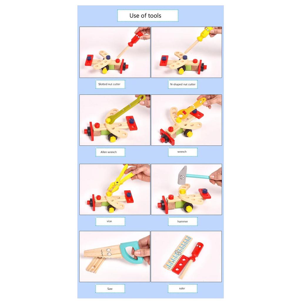 Giocattoli Educativi Montessori per Bambini Set Gioco di Ruolo Cassetta degli Attrezzi in Plastica e Legno Bambini Montaggio Dadi e Viti Strumento da Falegname di Simulazione