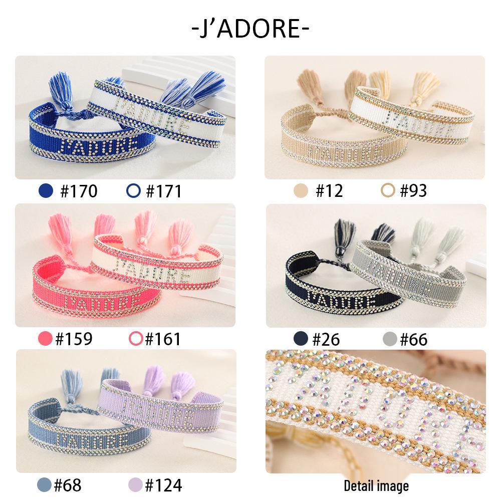 Seven-Color Full Diamond Woven Bracelet with 'JADORE' Letter, Handmade Tassel Chain, Crystal Design for Women