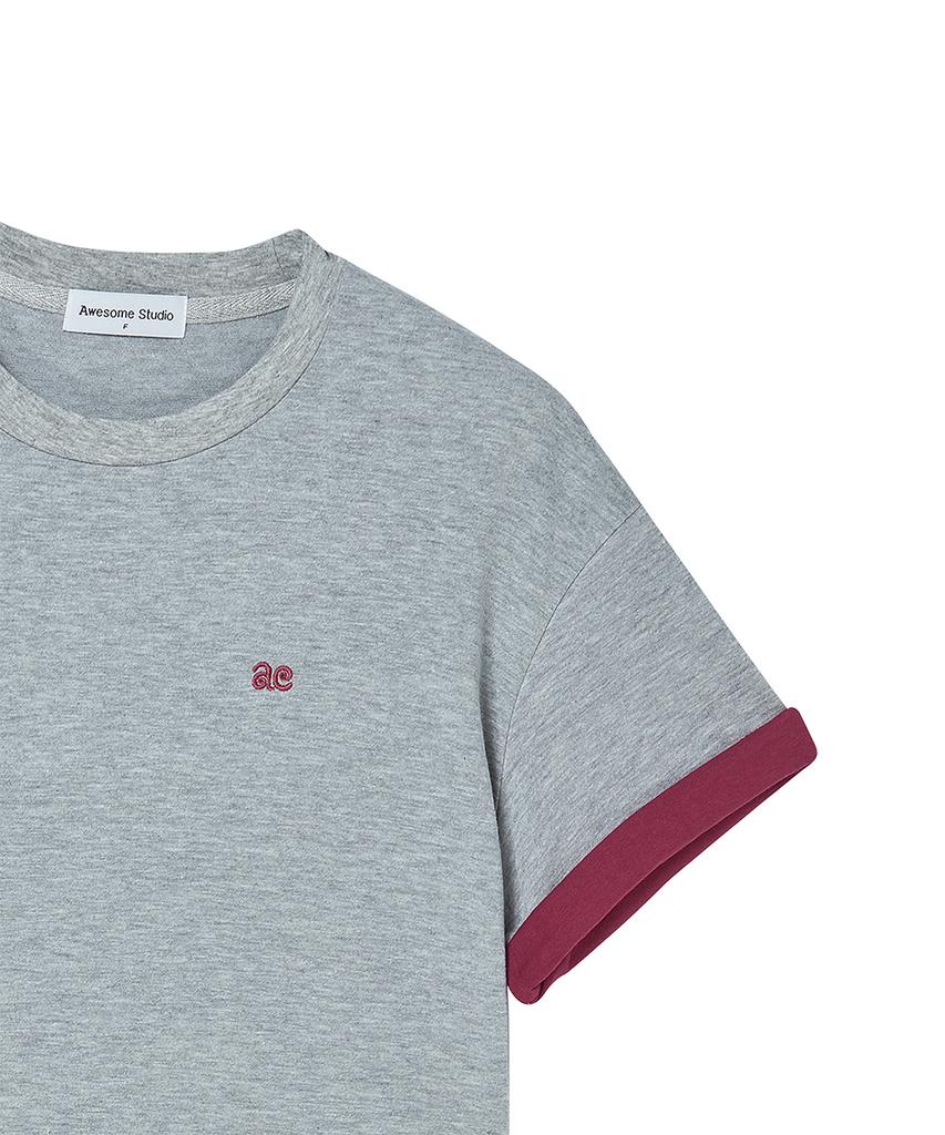 AWESOME STUDIO Color Block Roll-Up Sleeve T-Shirt Melange Grey
