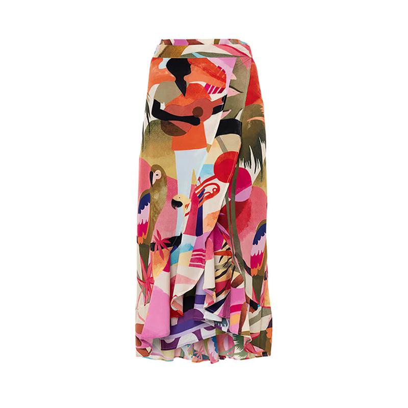 

Европейский и американский приграничный стиль, модная юбка миди с принтом, пляжное платье для женщин One Size ярко-розовый/коричневый