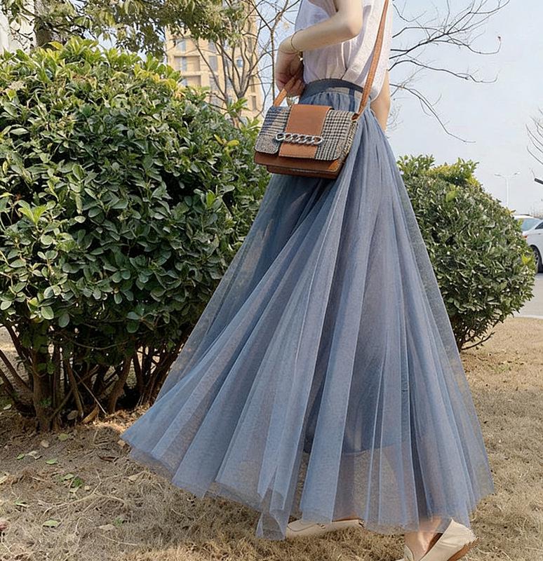 Women's High-Waist Mid-Length Pleated Mesh Skirt