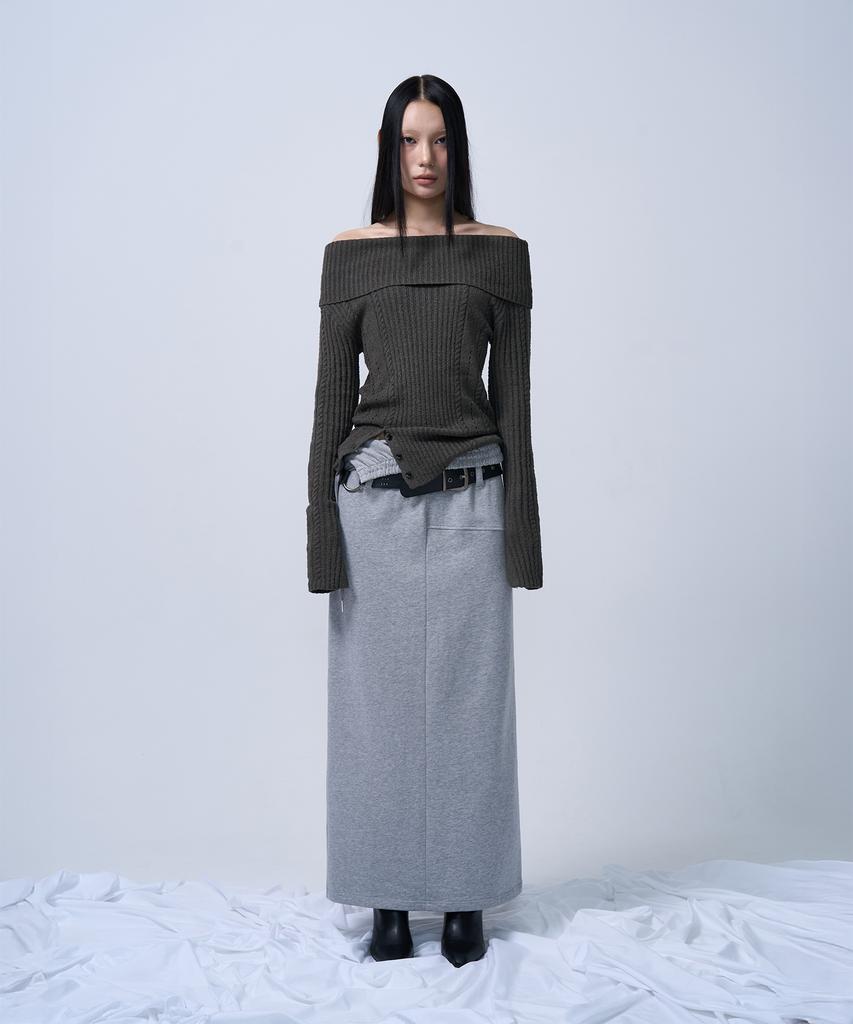 ZIZEMUSEUM Folding Waist Band Maxi Skirt (Melange Gray)