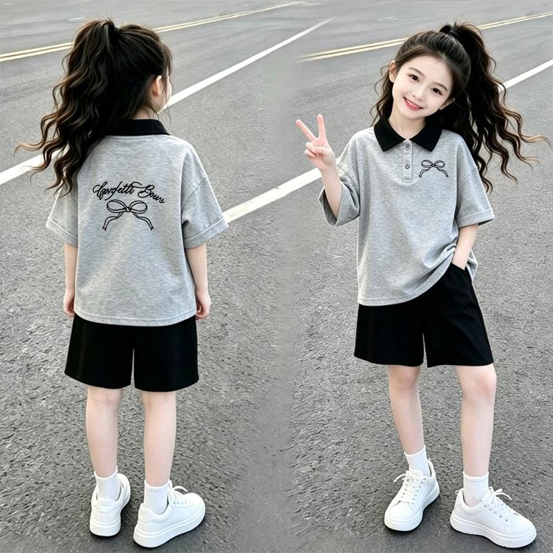 Girls' Cotton Patchwork Short-Sleeve Polo Two-Piece Set - Casual Summer Wear for Medium & Large Children