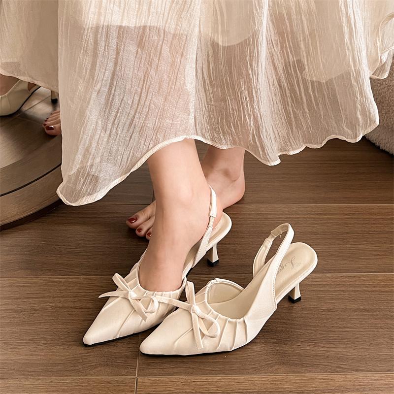 Summer New After The Ring Belt Sexy Banquet Bow Women's Shoes Pointy Comfortable Solid Color Elegant High Heel Sandals